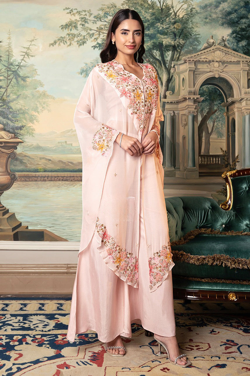 Soft Peach Embroidered Floral Outfit