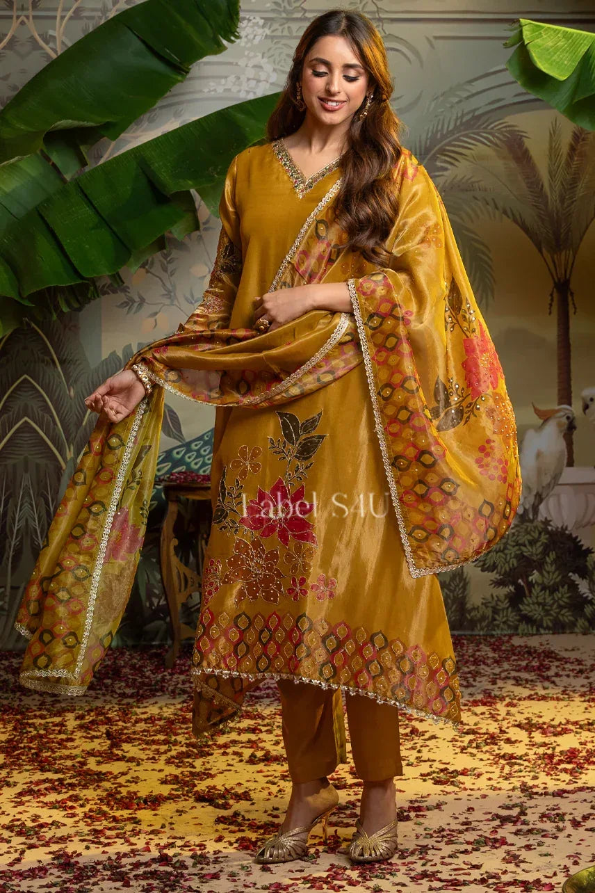 Mustard Gold Velvet Floral Suit Set | Label S4U - MishUUU