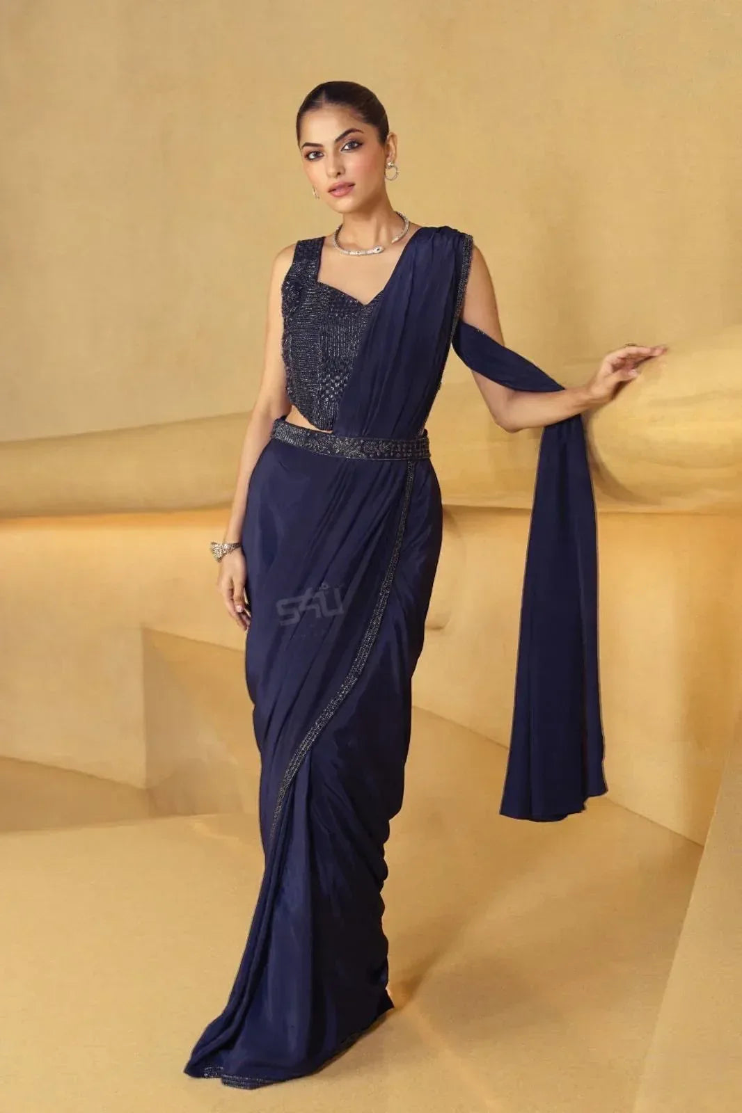 Navy Blue Drape Saree Set | Label S4U - MishUUU