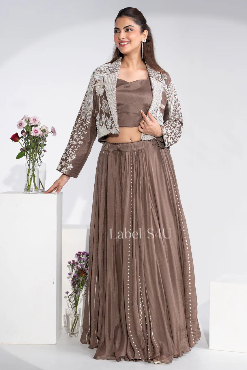 Mocha Brown Hand-Crafted Lehenga with Cropped Jacket | Label S4U