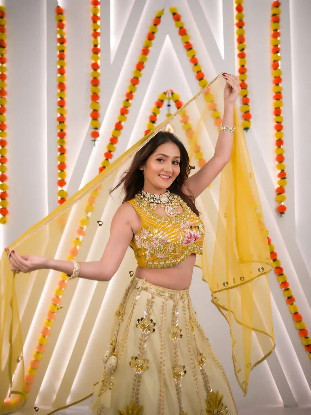Mustard Yellow Floral Lehenga Set - MishUUU
