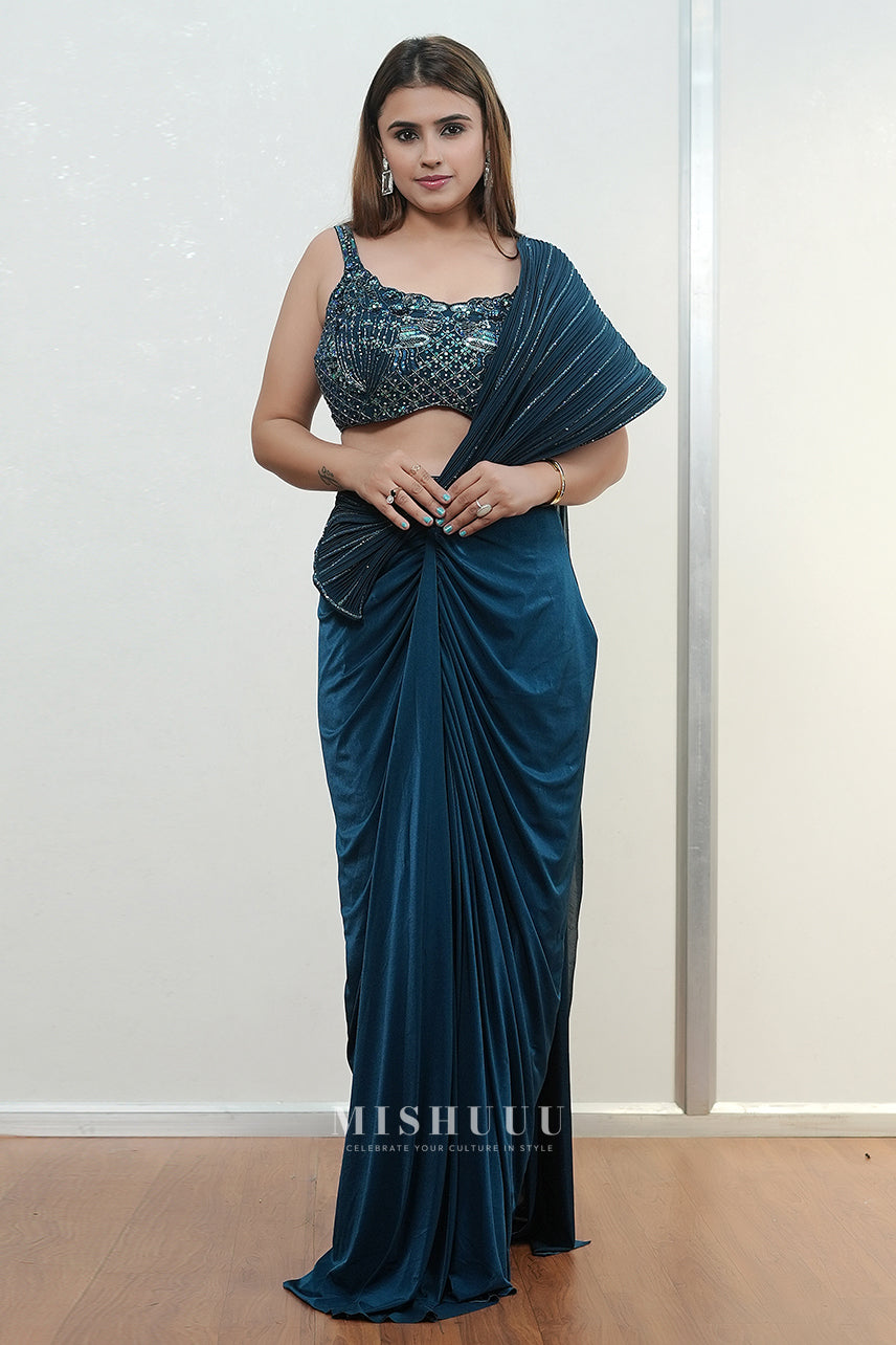 Teal Midnight Shimmer Saree Blouse Set