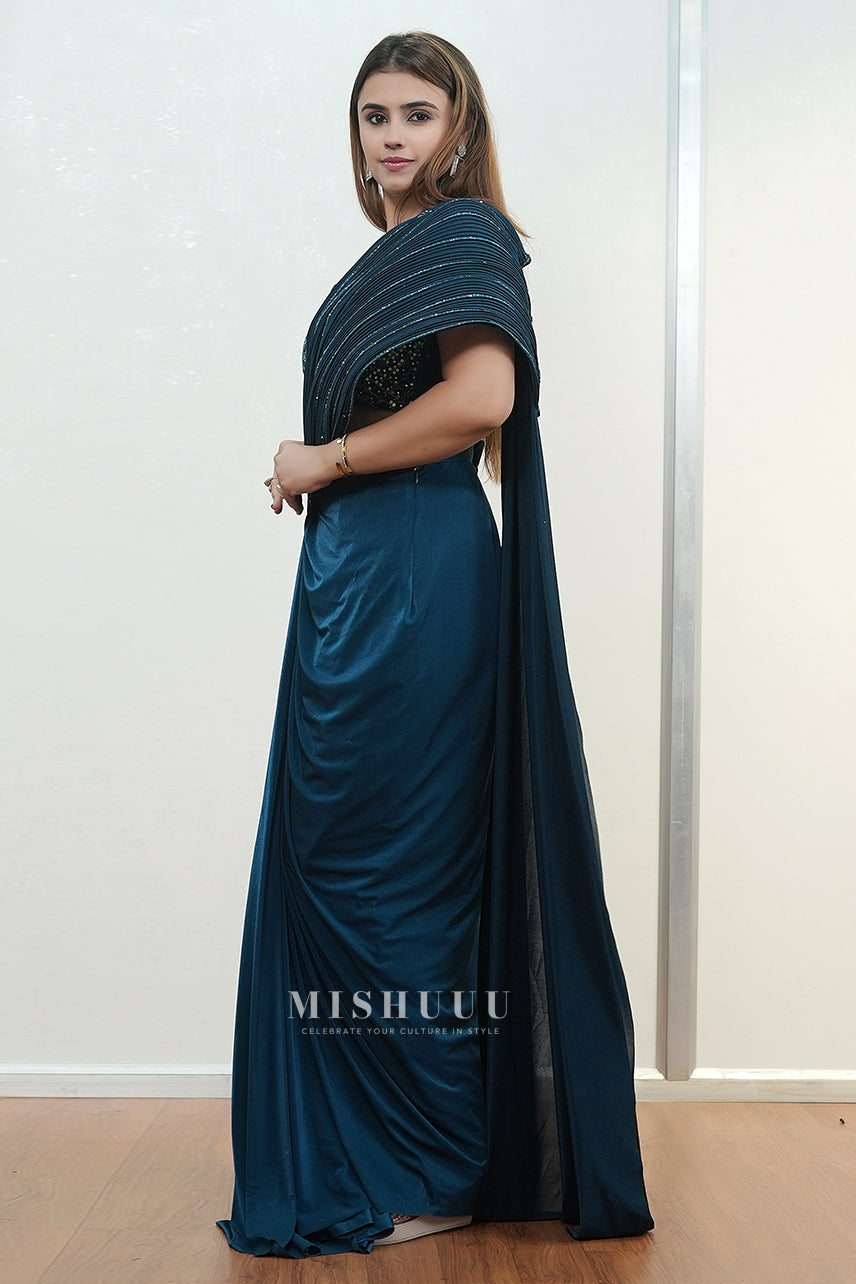 Teal Midnight Shimmer Saree Blouse Set