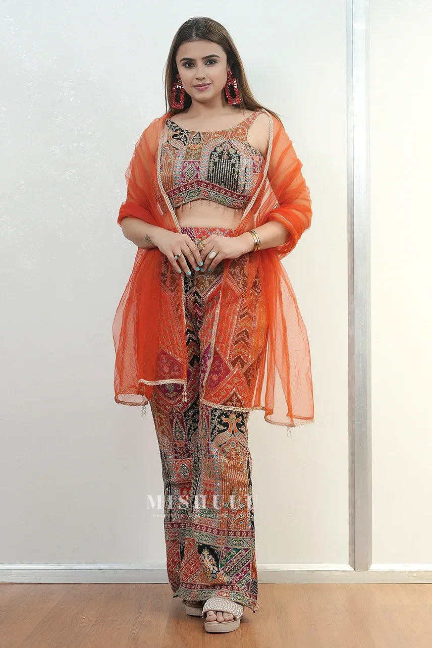 Multicolor Mirrorwork Crop Top plazo pant Set - MishUUU