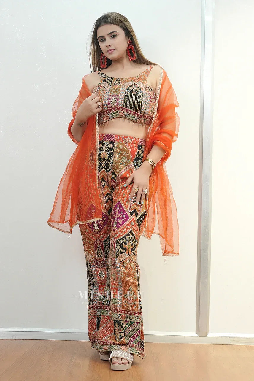 Multicolor Mirrorwork Crop Top plazo pant Set - MishUUU