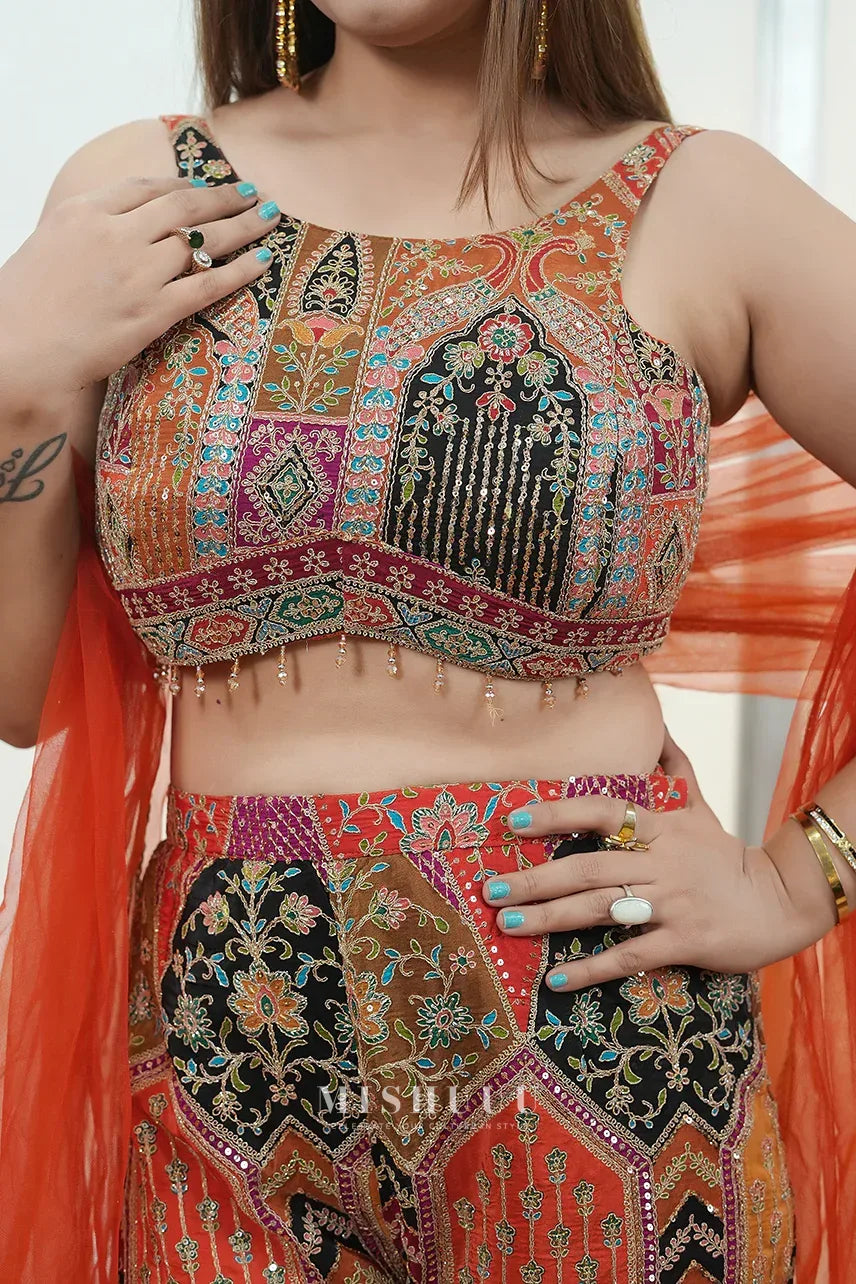 Multicolor Mirrorwork Crop Top plazo pant Set - MishUUU