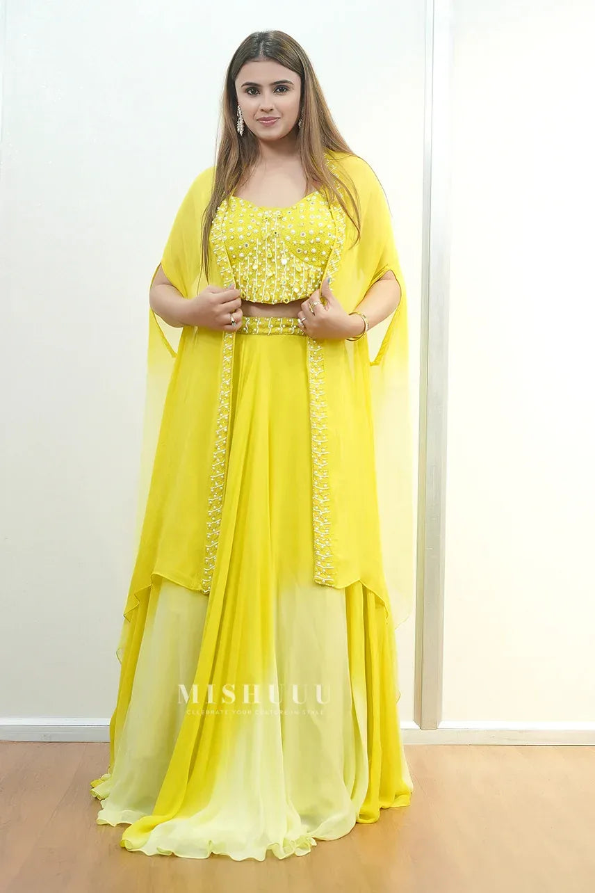 Lime Yellow Embellished Cape Lehenga Set - MishUUU