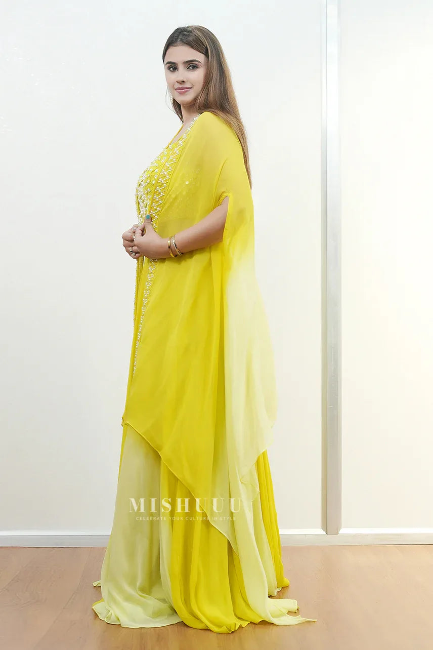 Lime Yellow Embellished Cape Lehenga Set - MishUUU