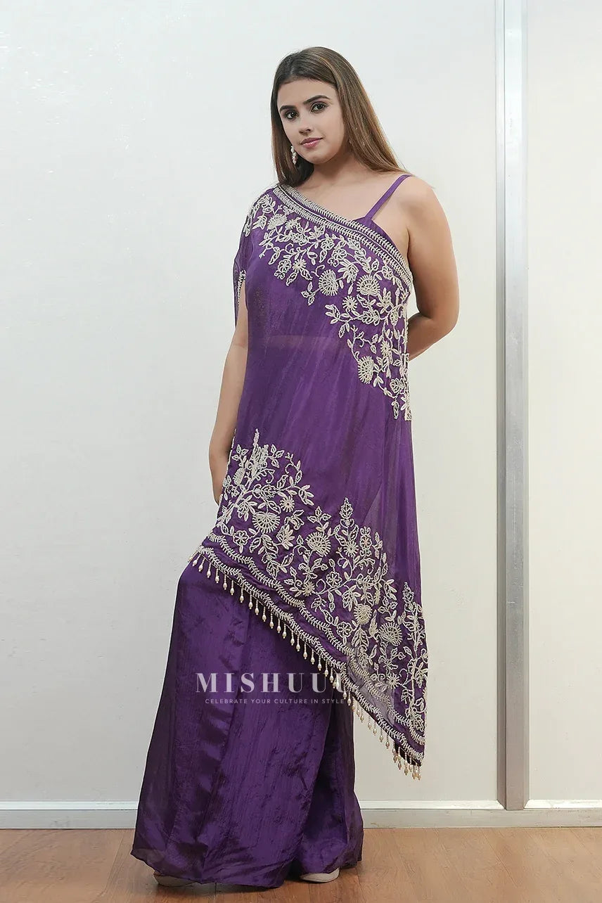 Purple One-Shoulder Embroidered plazo Set - MishUUU