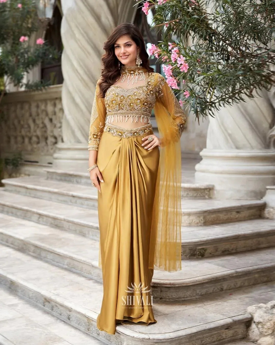 Golden Draped Saree Gown with Handcrafted Pearl & Stone Work - MishUUU
