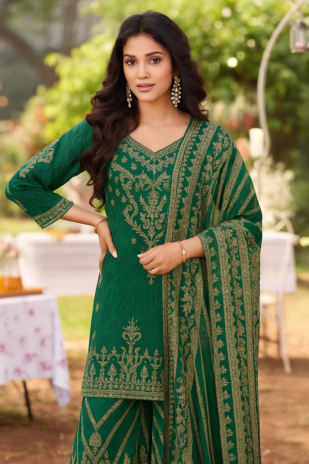 Emerald Green Palazzo Suit with Handcrafted Detailing