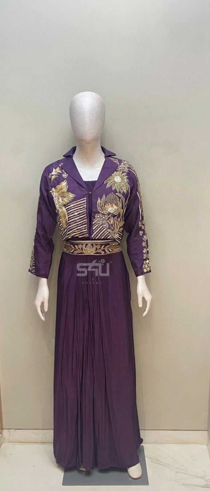 Royal Plum Embellished Drape skirt with choli and jacket - Label S4U