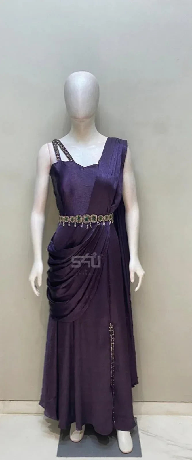 Plum Draped Gown with Waist Belt | Label S4U - MishUUU