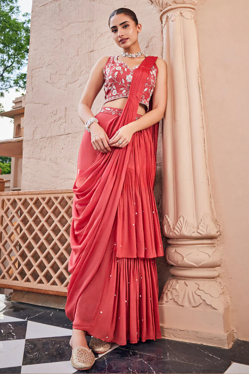 Coral Draped Floral Embroidered Saree Set |Label S4U