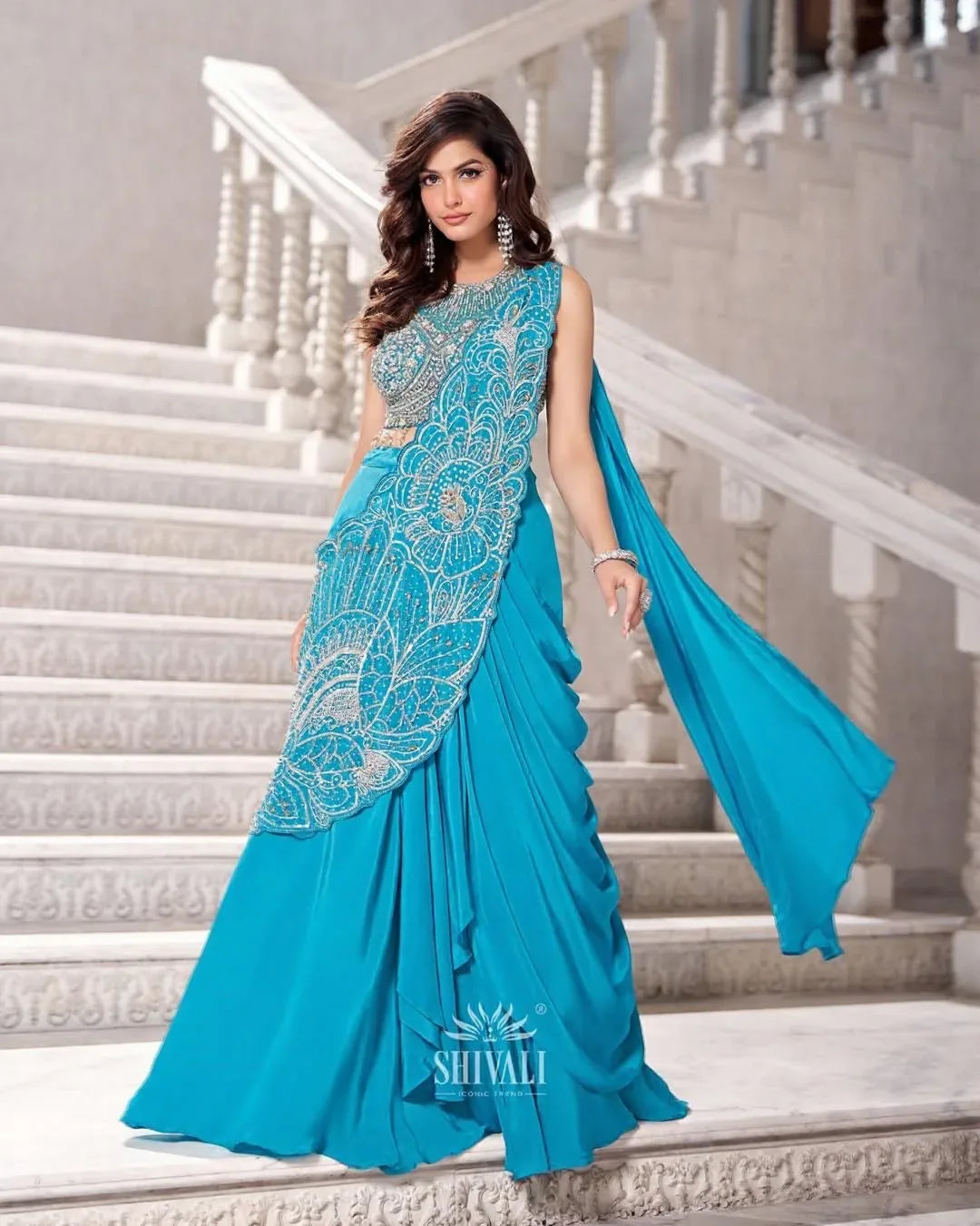 Aqua Blue Modern Saree Gown - MishUUU