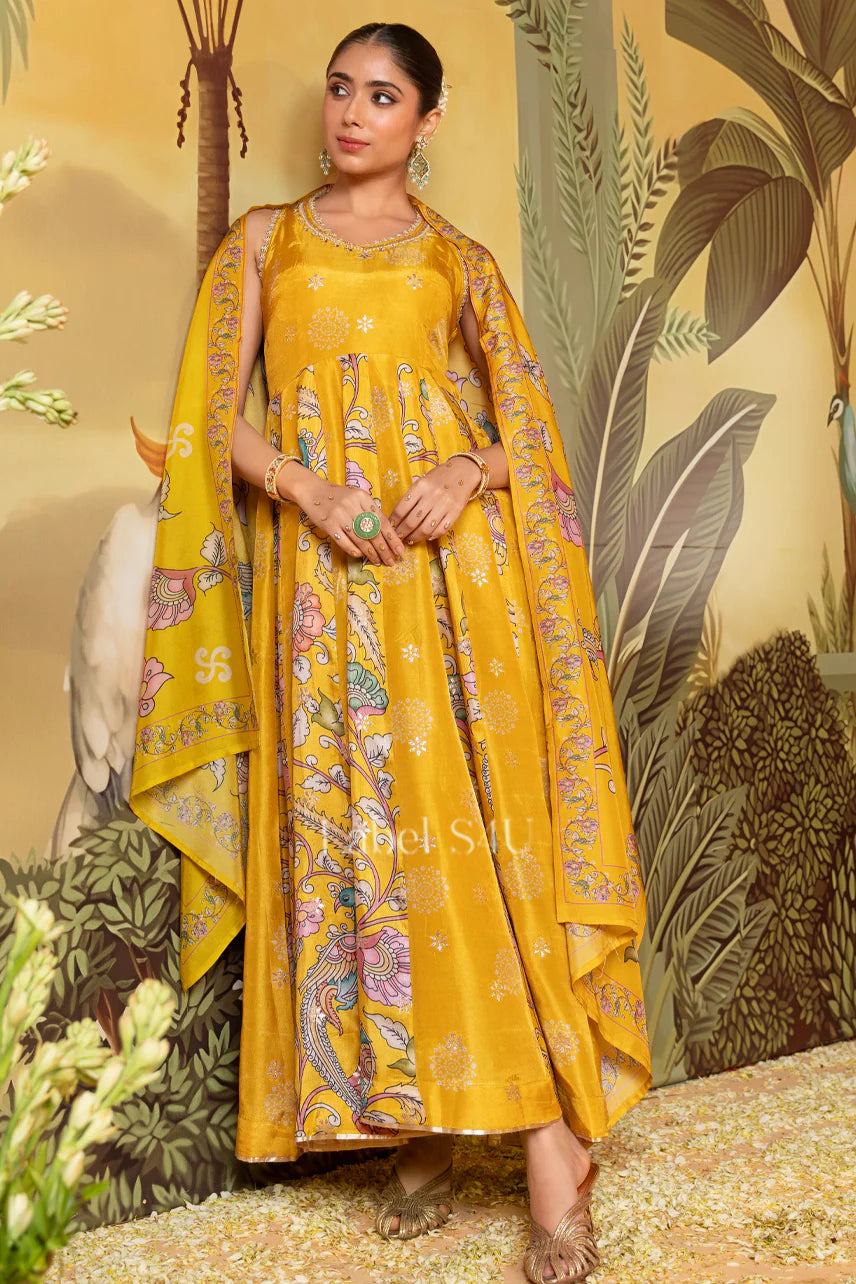 Mustard Yellow Printed Gown Set | Label S4U