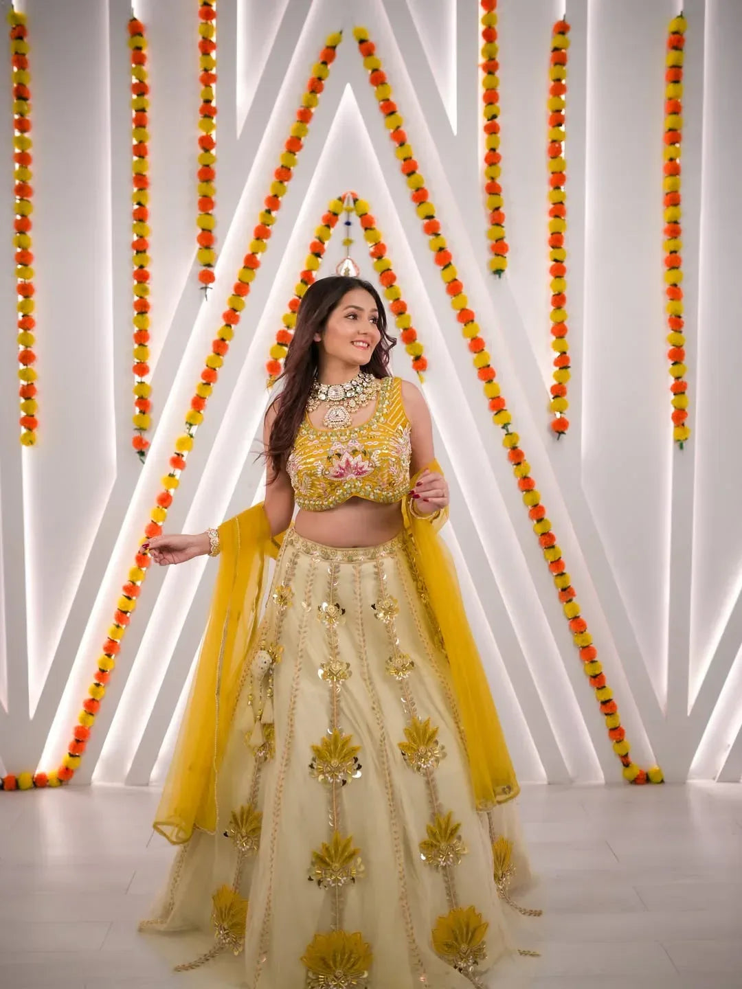 Mustard Yellow Floral Lehenga Set - MishUUU