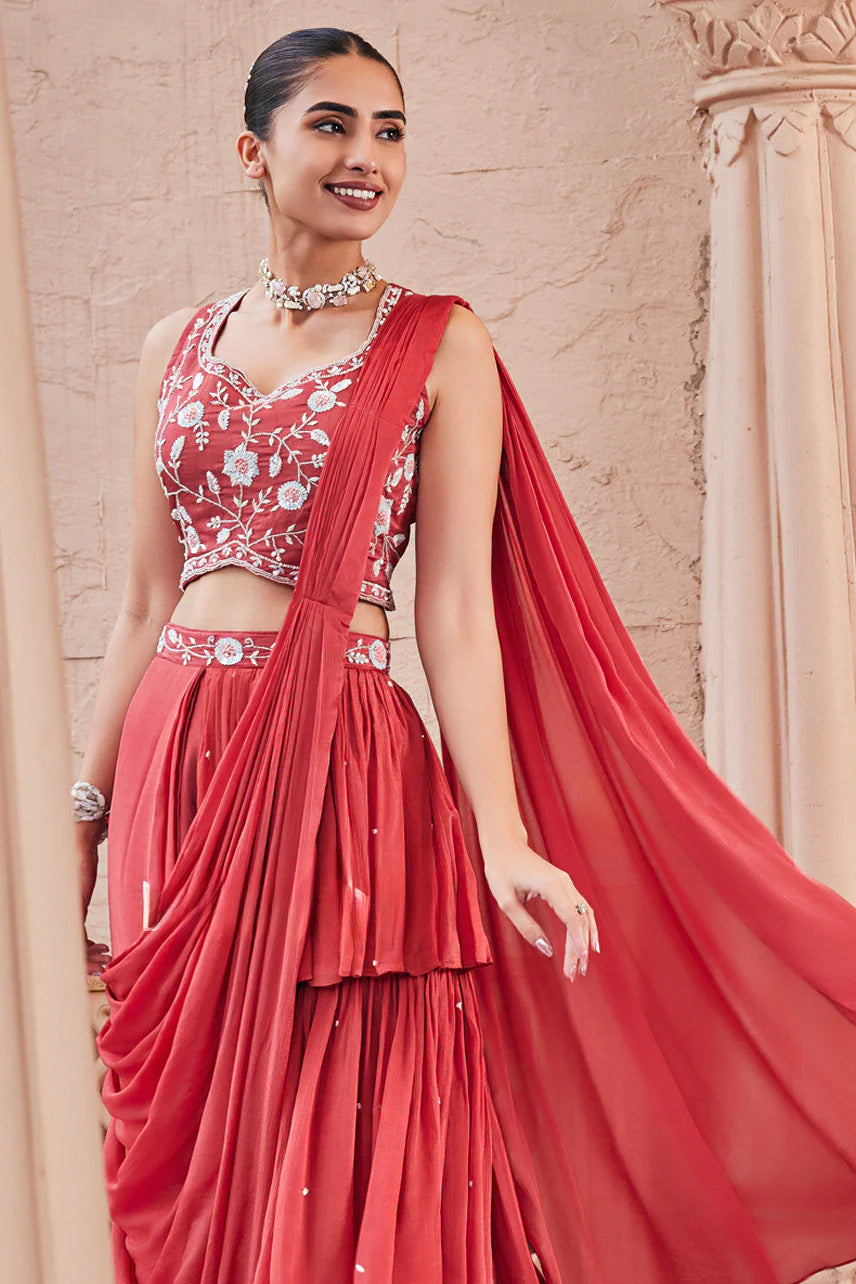 Coral Draped Floral Embroidered Saree Set |Label S4U