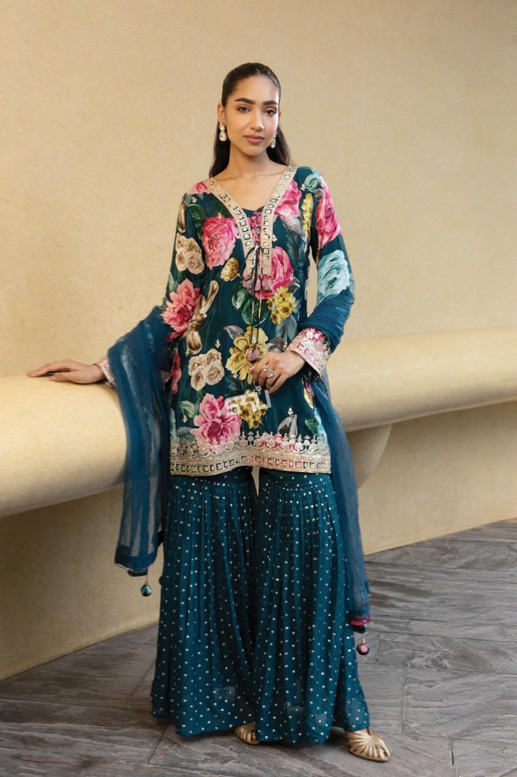 Teal Garden Sharara Set - Label S4U