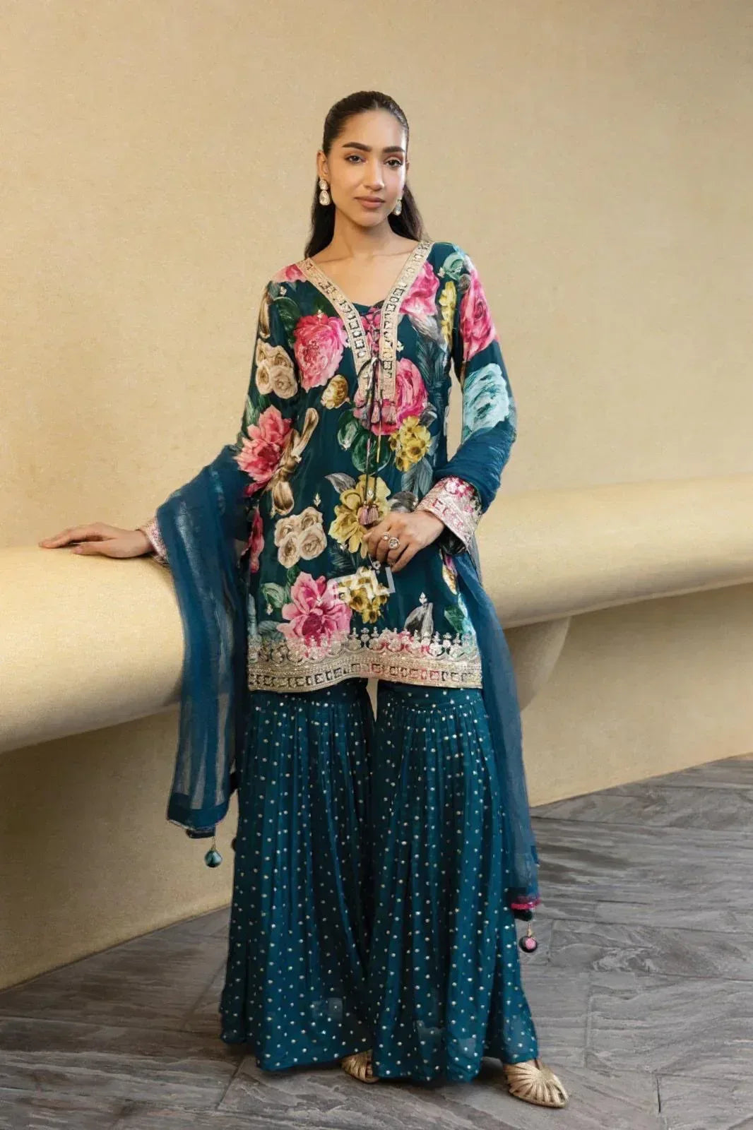 Teal Garden Sharara Set - Label S4U - MishUUU