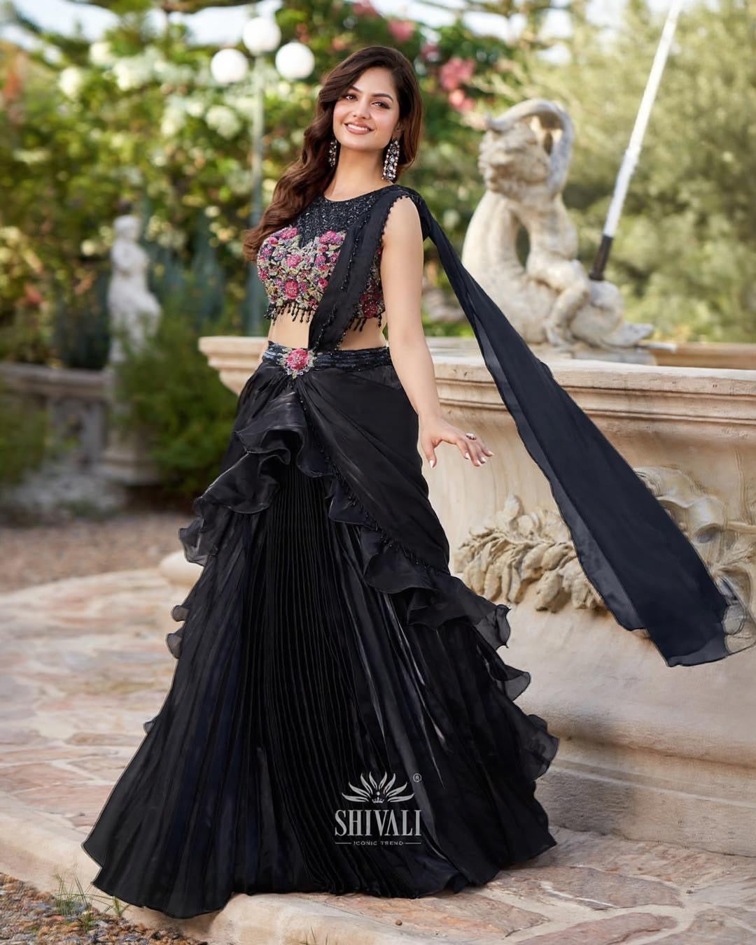 Black Floral Lehenga with Handcrafted Blouse