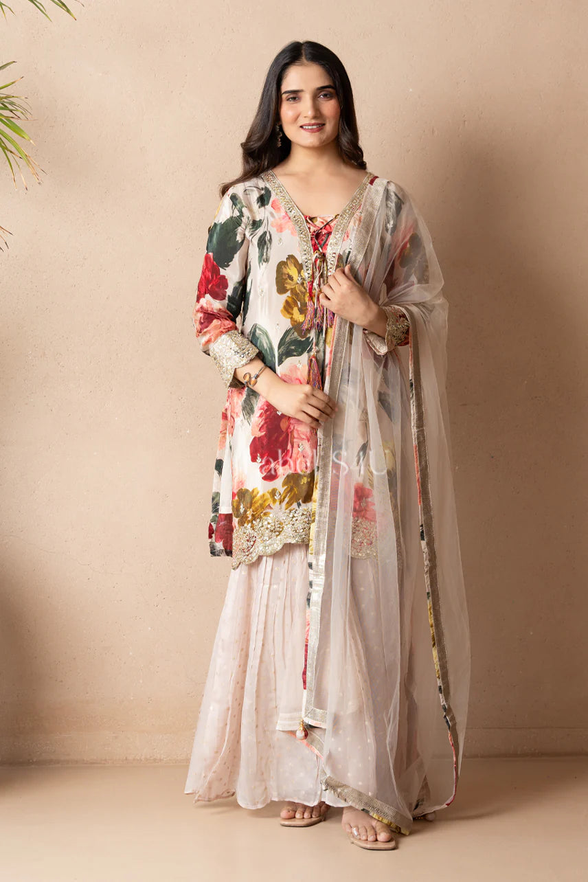 Ivory Floral Short Kurta & Sharara Set | Label S4U