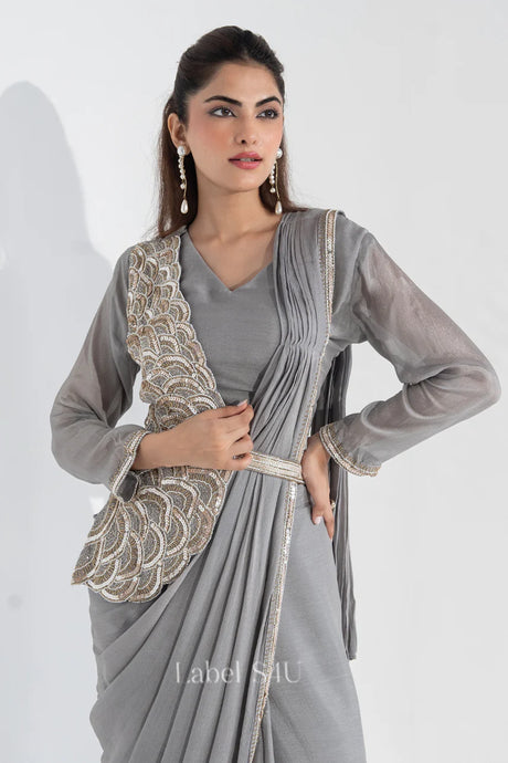 Grey Pre-Draped Saree Gown | Label S4U