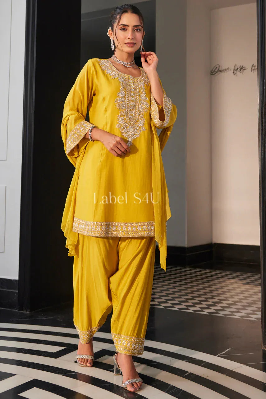 Mustard Yellow Farshi Salwar Set with Mirror and Thread Detailing | Label S4U - MishUUU