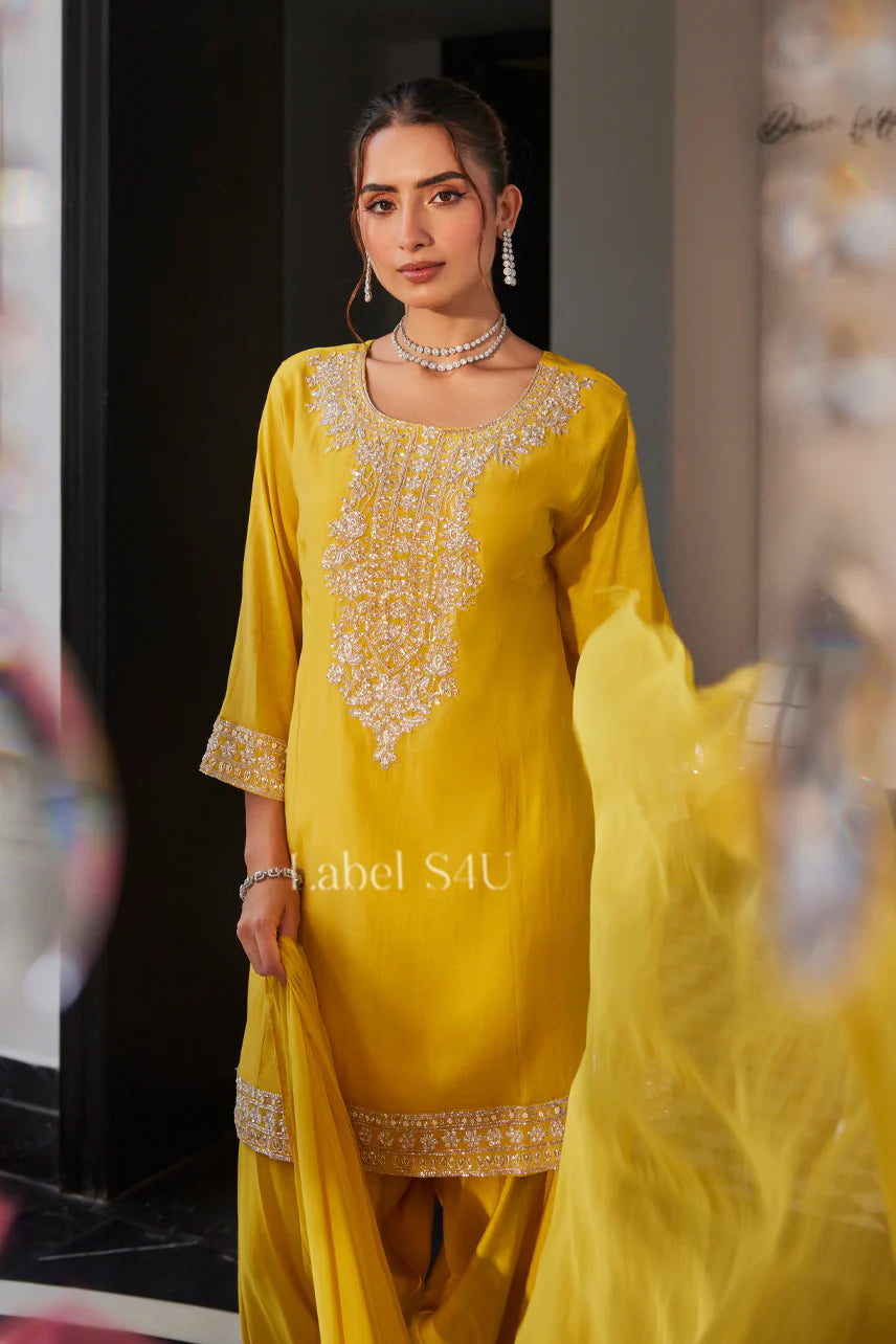 Mustard Yellow Farshi Salwar Set with Mirror and Thread Detailing | Label S4U