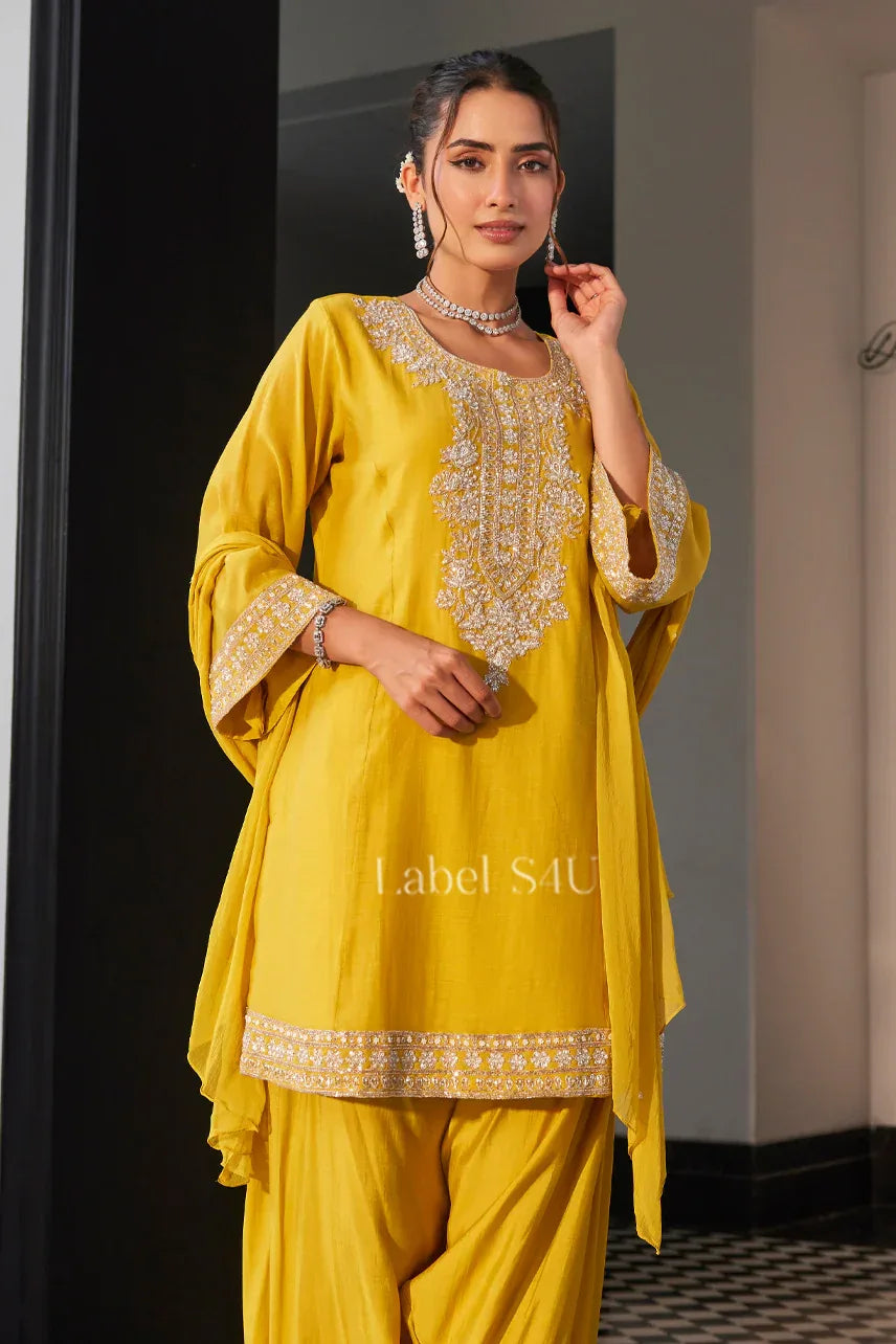 Mustard Yellow Farshi Salwar Set with Mirror and Thread Detailing | Label S4U - MishUUU