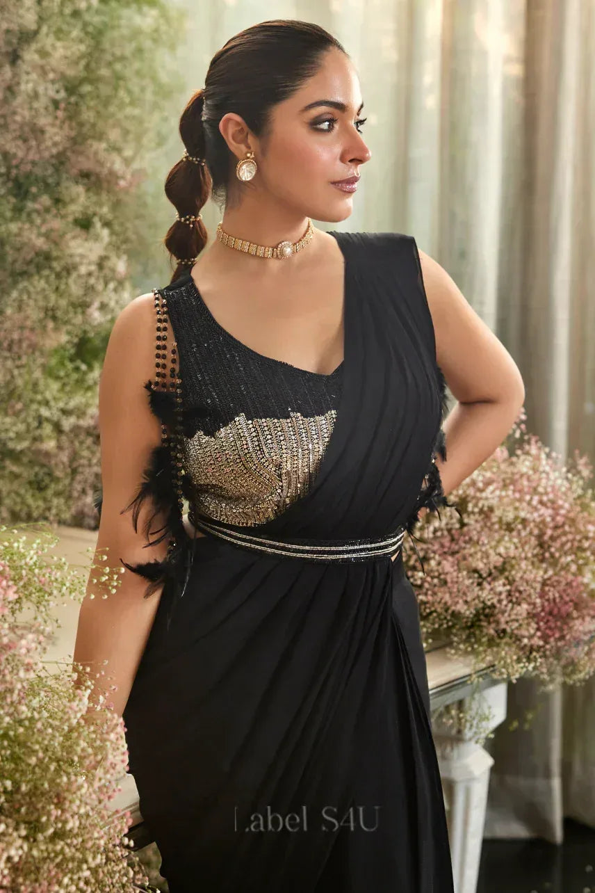 Black Draped Saree with Statement Sequin Blouse and Side Tassels | Label S4U - MishUUU