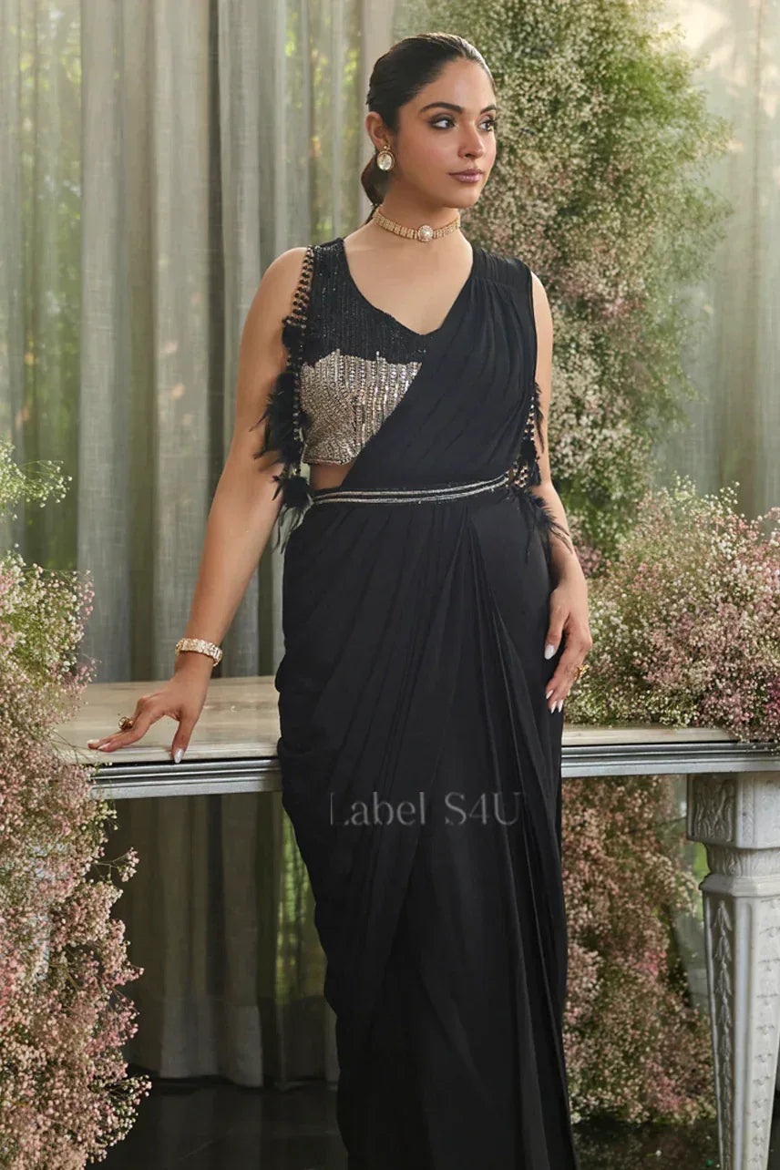 Black Draped Saree with Statement Sequin Blouse and Side Tassels | Label S4U - MishUUU