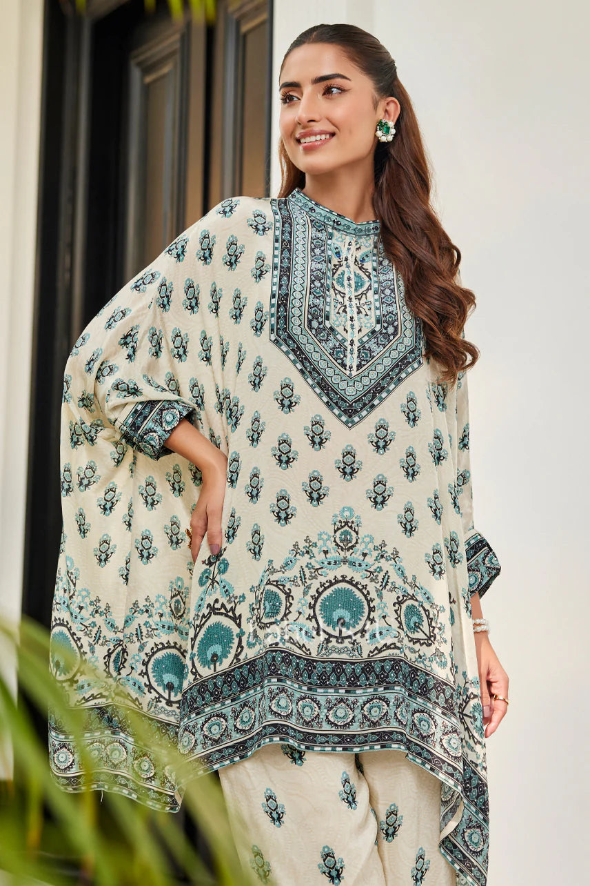 Ethereal Cream & Teal Printed Kaftan Style Kurta Set |Label S4U