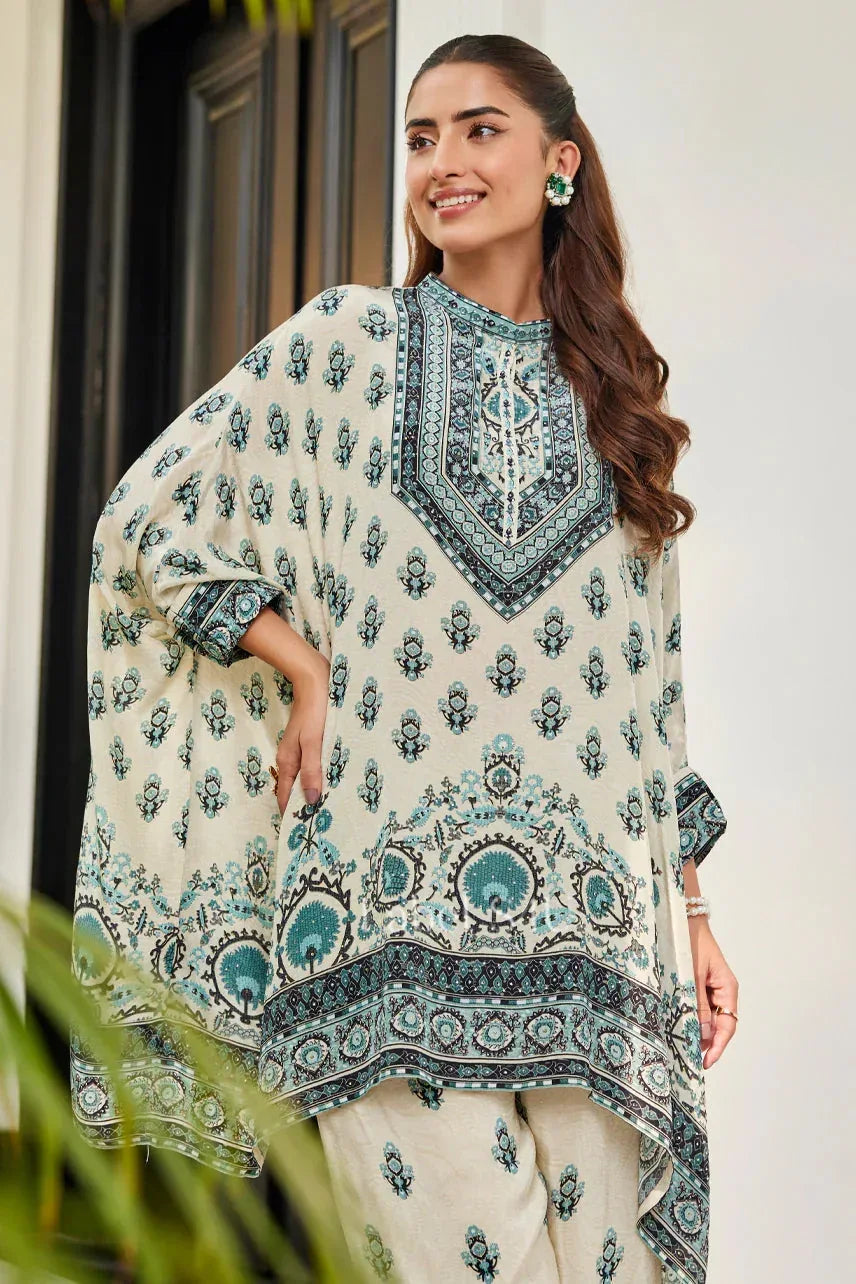 Ethereal Cream & Teal Printed Kaftan Style Kurta Set |Label S4U - MishUUU