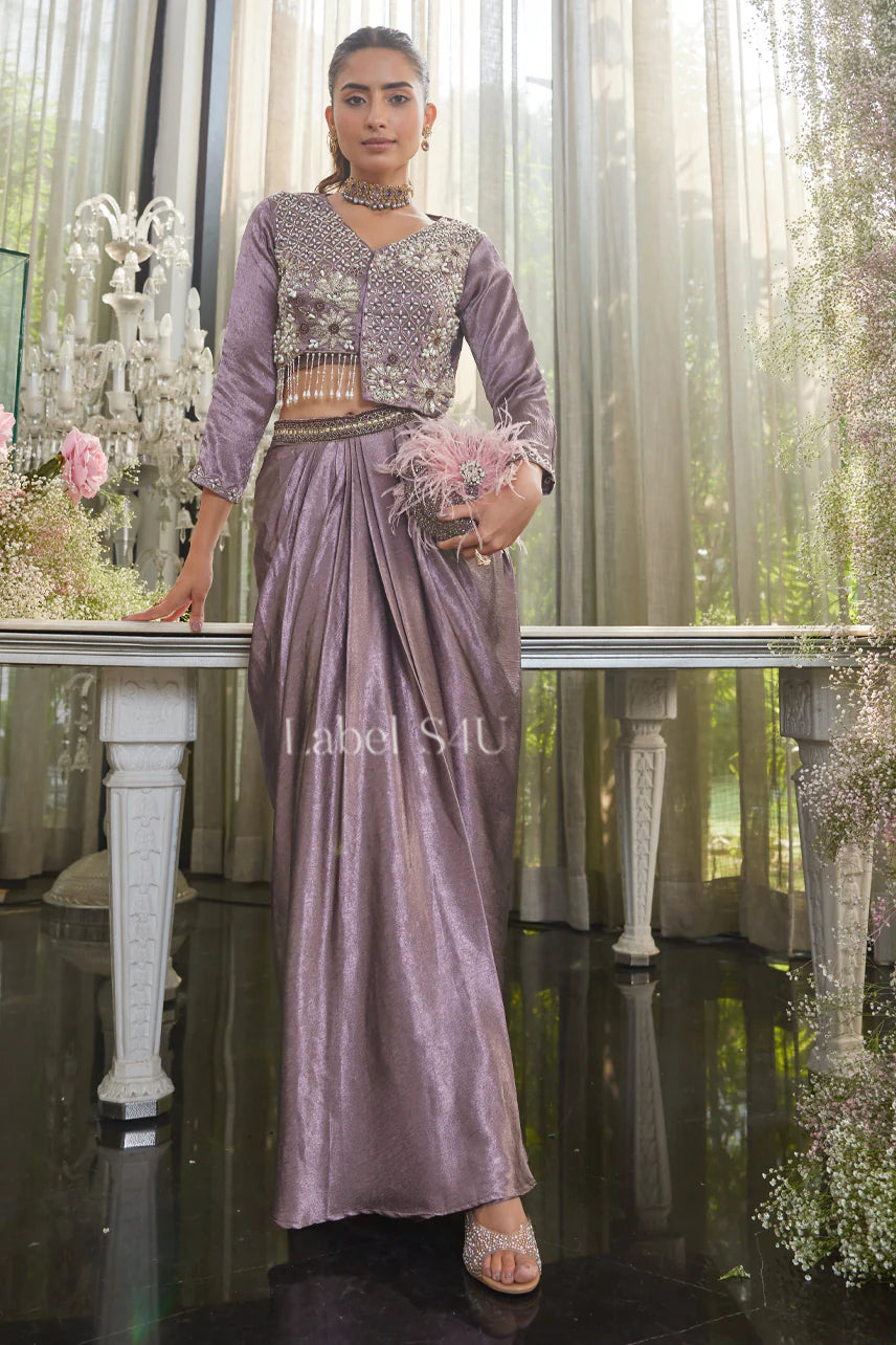 Metallic Mauve Drape Saree with Handcrafted Crop Blouse |Label S4U