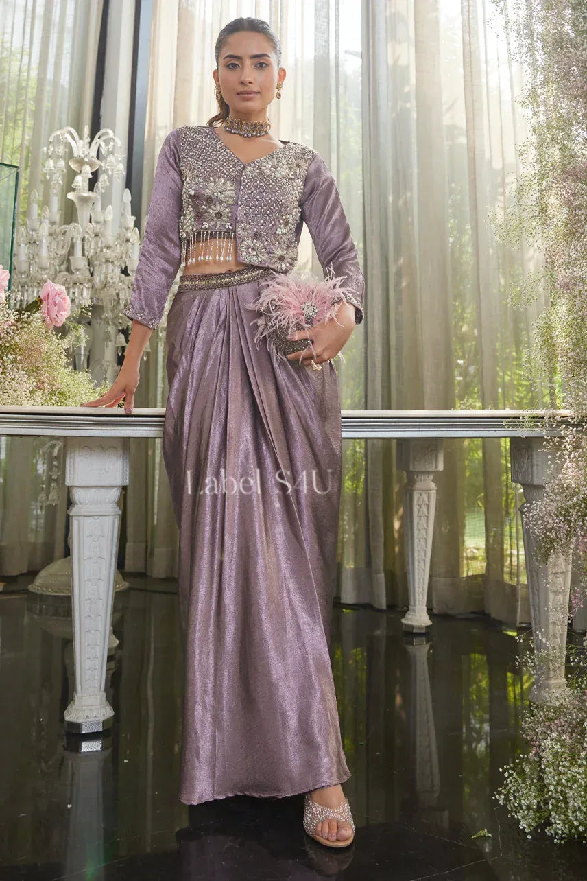 Metallic Mauve Drape Saree with Handcrafted Crop Blouse |Label S4U - MishUUU