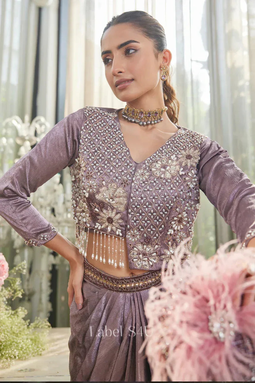 Metallic Mauve Drape Saree with Handcrafted Crop Blouse |Label S4U - MishUUU
