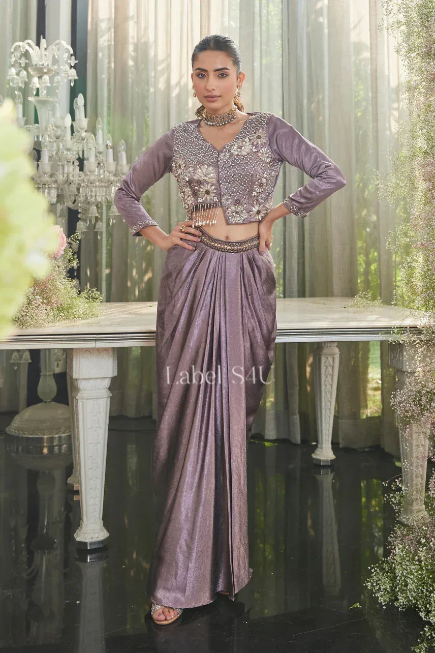Metallic Mauve Drape Saree with Handcrafted Crop Blouse |Label S4U - MishUUU