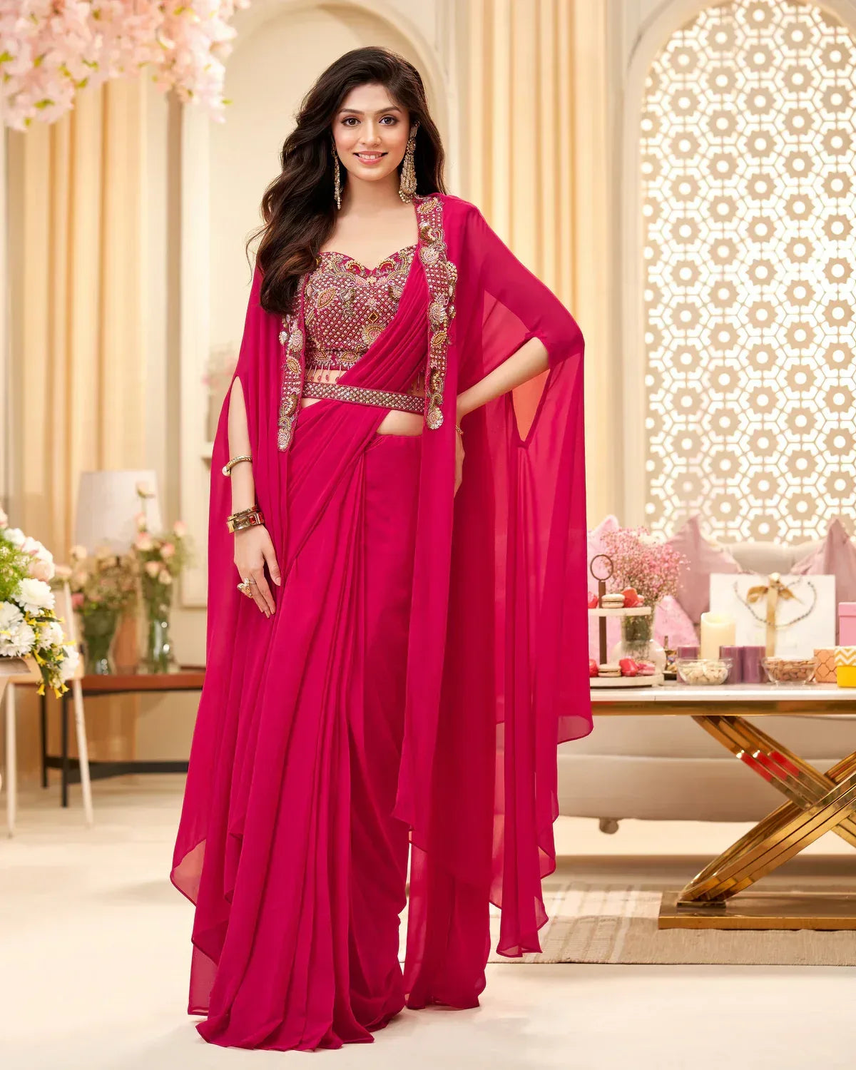 Hot Pink Pre-Stitched Saree with Handcrafted Cape & Blouse - MishUUU