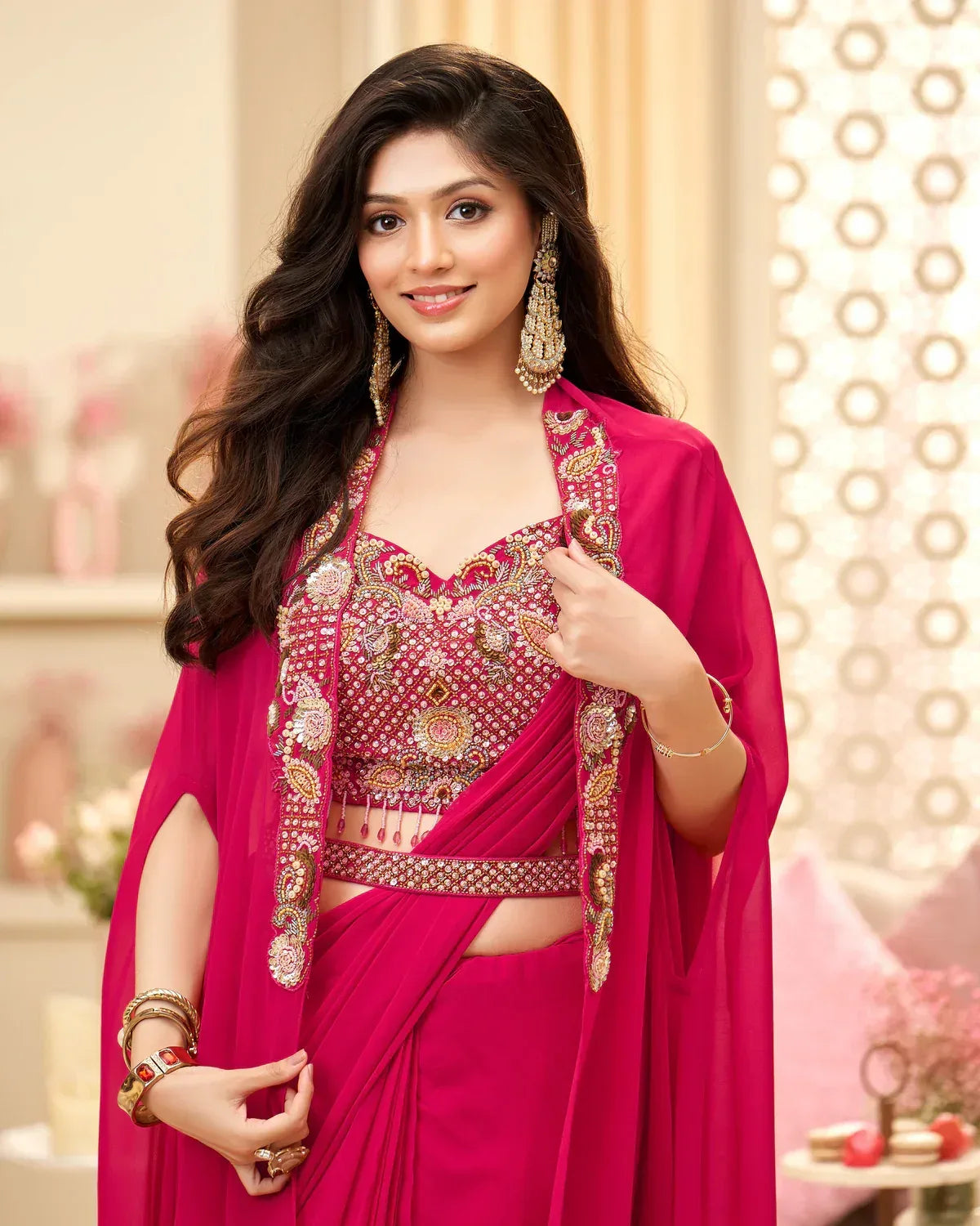 Hot Pink Pre-Stitched Saree with Handcrafted Cape & Blouse - MishUUU