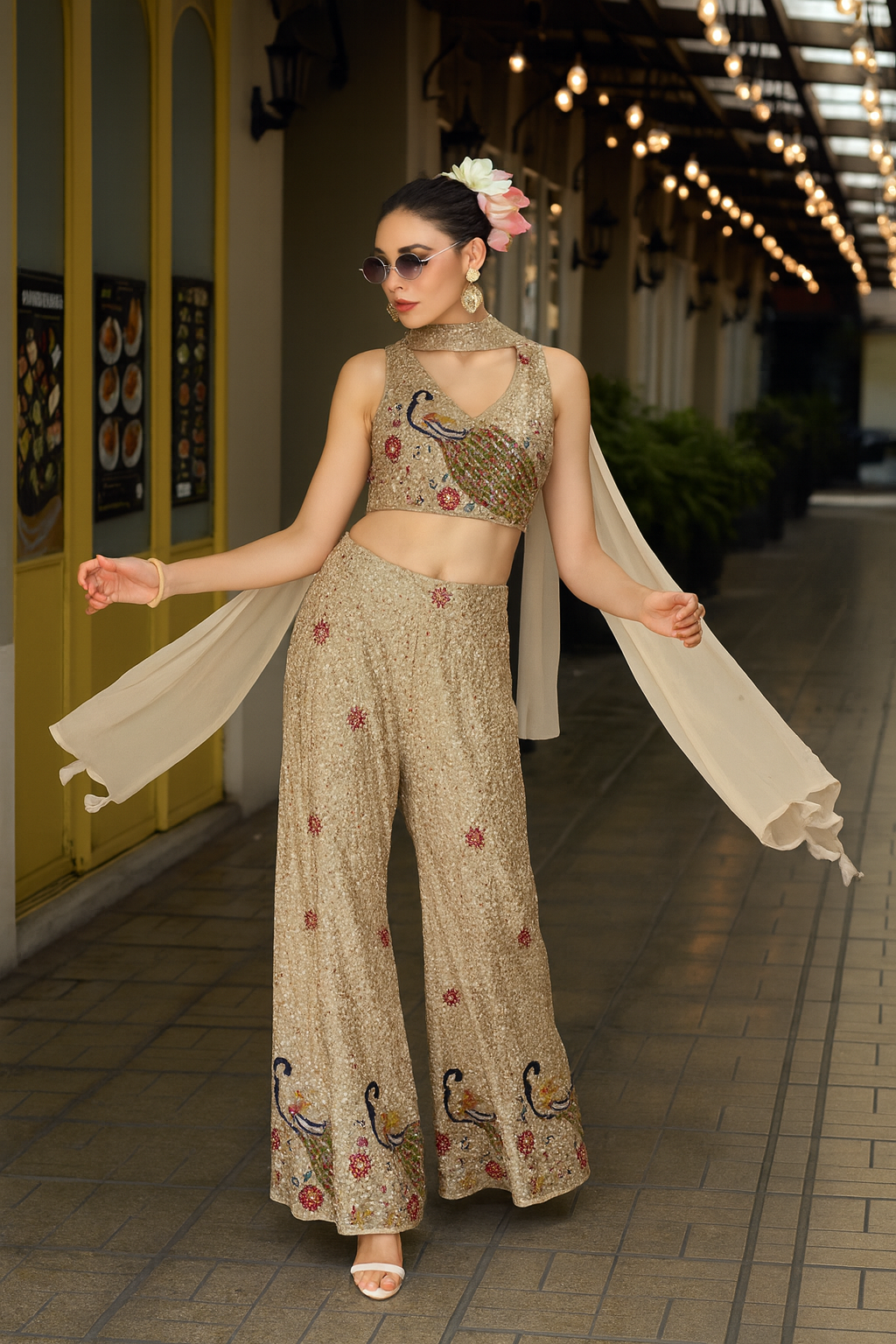 Golden Sequin Palazzo Set with Handcrafted Peacock Blouse