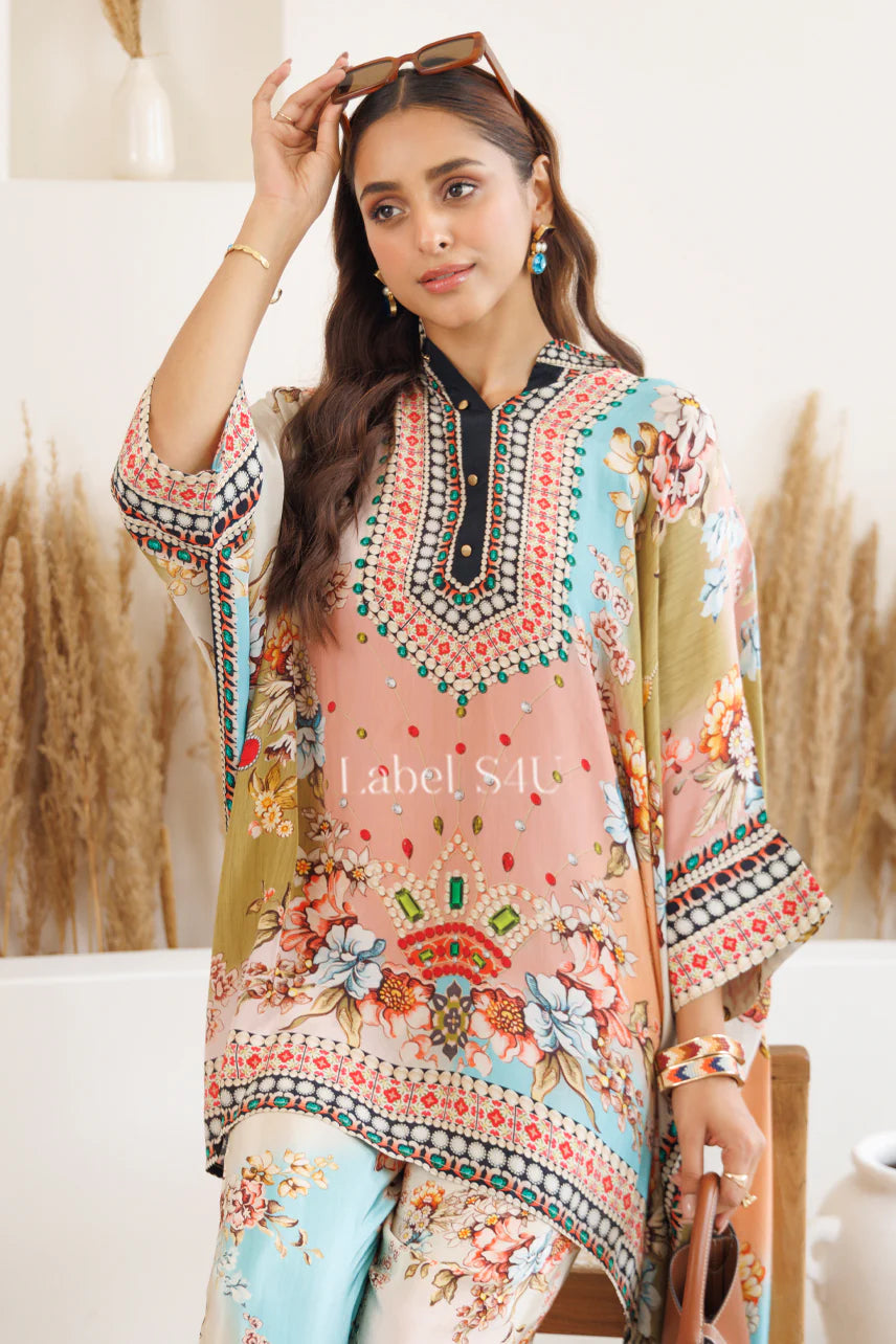 Multicolor Printed Kaftan Kurta Set with Palazzo Pants|Label S4U