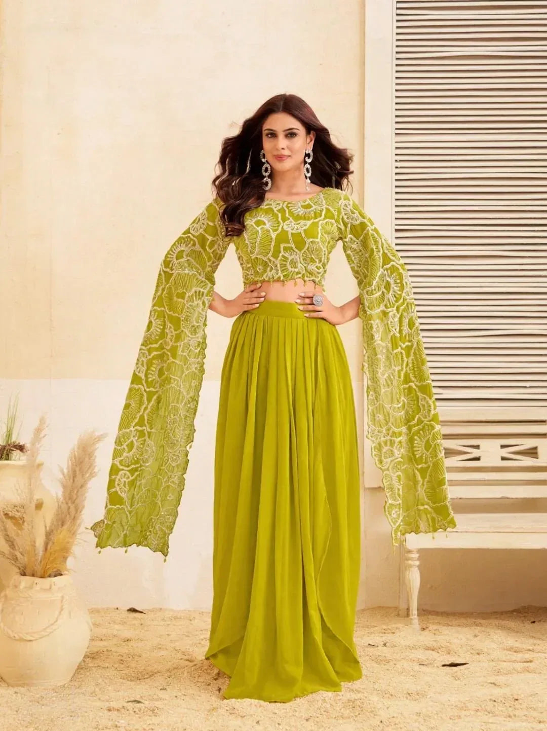 Lime Green Cape Sleeve Lehenga Set - MishUUU