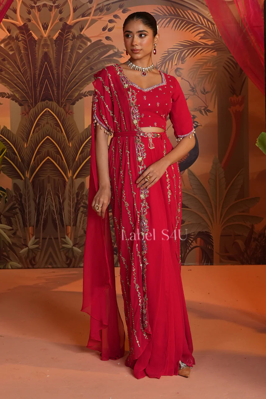 Red Draped Saree with Handcrafted Blouse | Label S4U