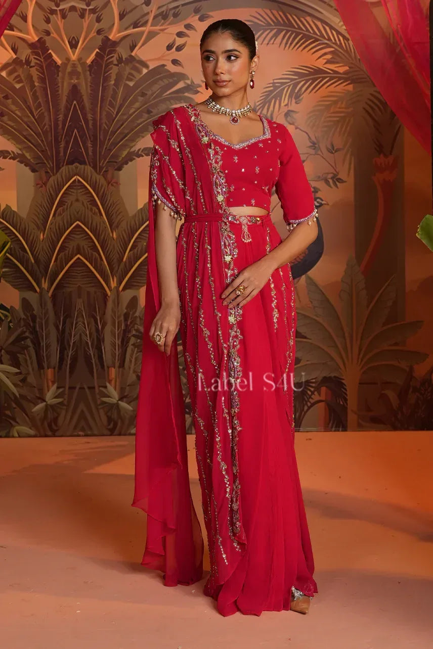 Red Draped Saree with Handcrafted Blouse | Label S4U - MishUUU