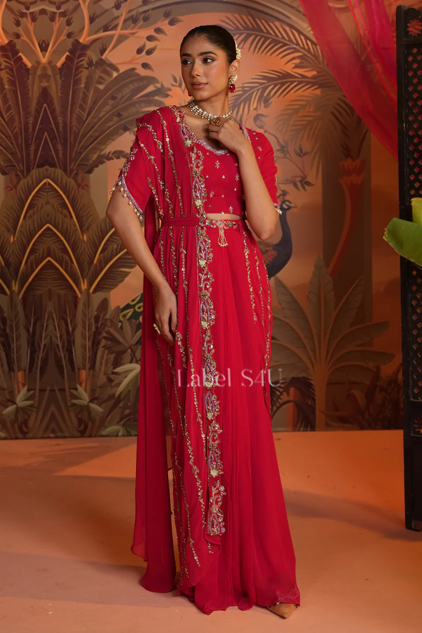 Red Draped Saree with Handcrafted Blouse | Label S4U
