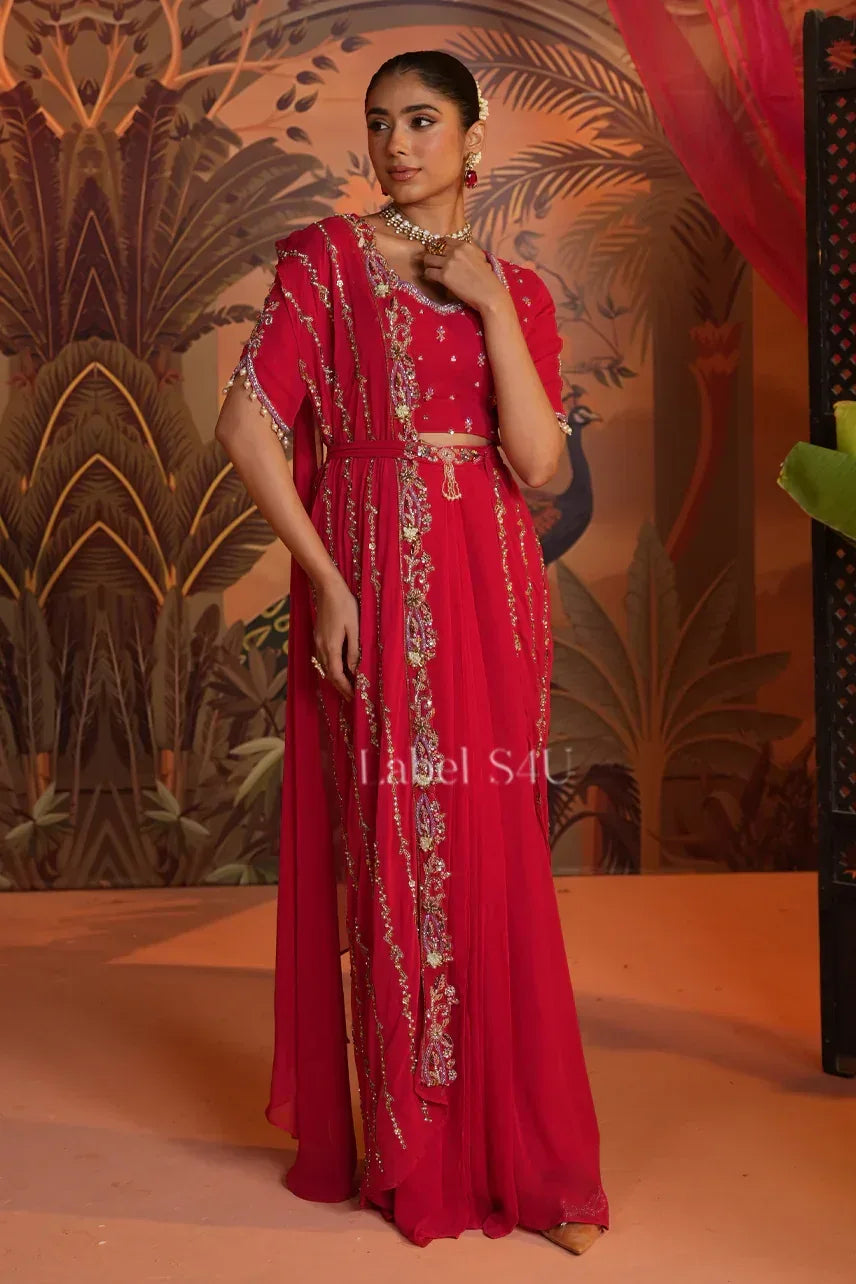 Red Draped Saree with Handcrafted Blouse | Label S4U - MishUUU