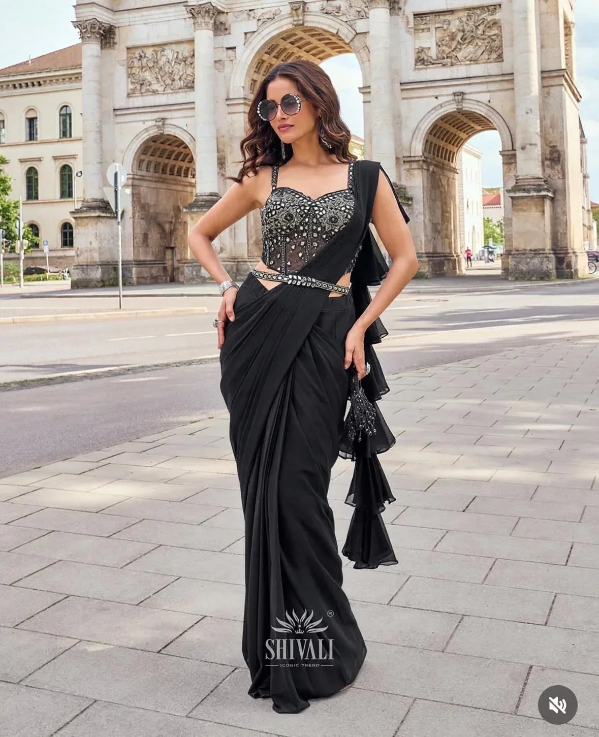 Black Draped Saree with Mirror Work Corset Blouse - MishUUU