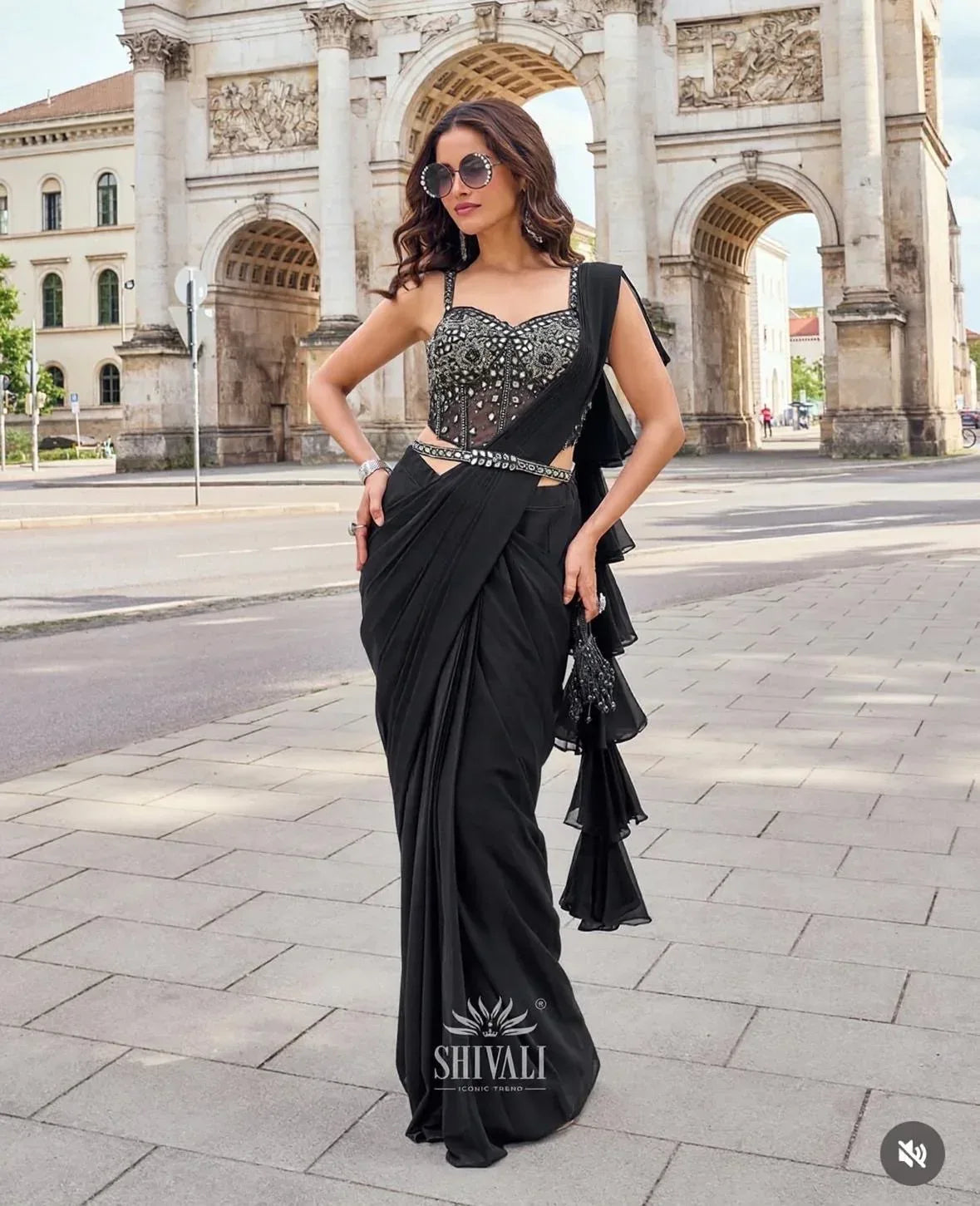 Black Draped Saree with Mirror Work Corset Blouse - MishUUU