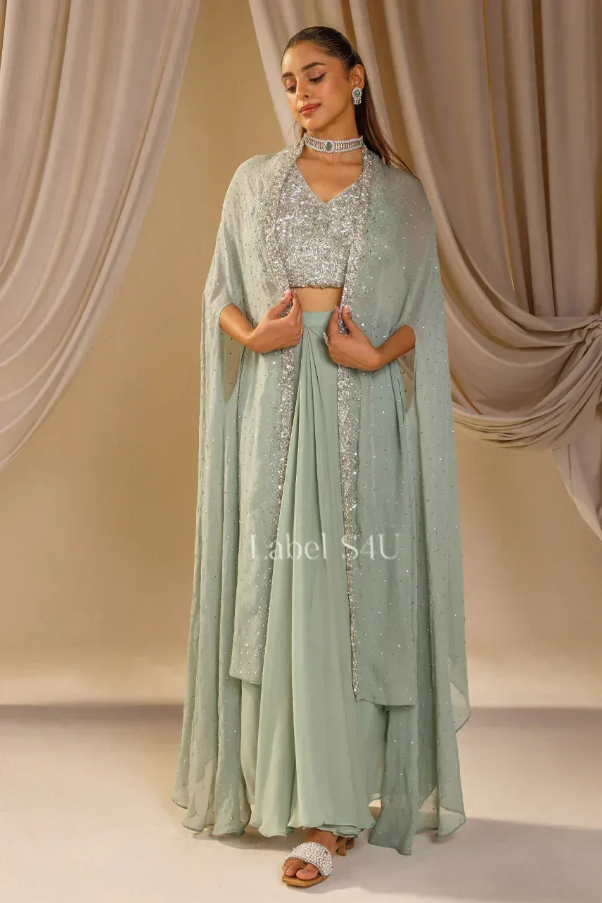 Mint Green Draped Pant Set with Embellished Bustier & Cape |Label S4U - MishUUU